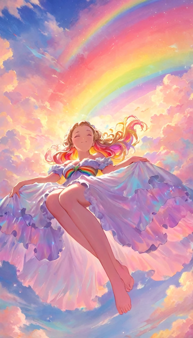 A stunningly ethereal woman, composed of a dazzling array of rainbow hues, reclines gracefully at the end of a radiant rainbow amidst the fluffy clouds in the sky. Bathed in dynamic and enchanting lighting, accentuates her vibrant, full-bodied form. Fantasy art. Masterpiece 