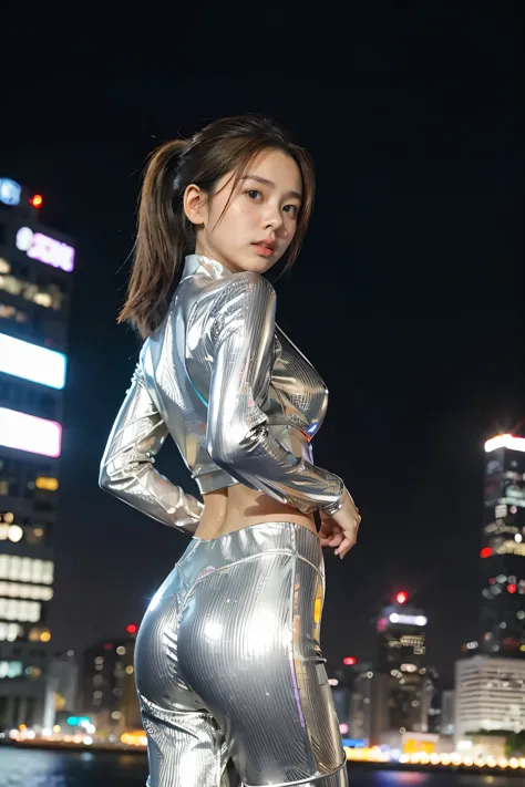  real, realistic, cinematic lighting, Japanese  in shiny silver suit, 16 years old, professional photography, not much skin show...
