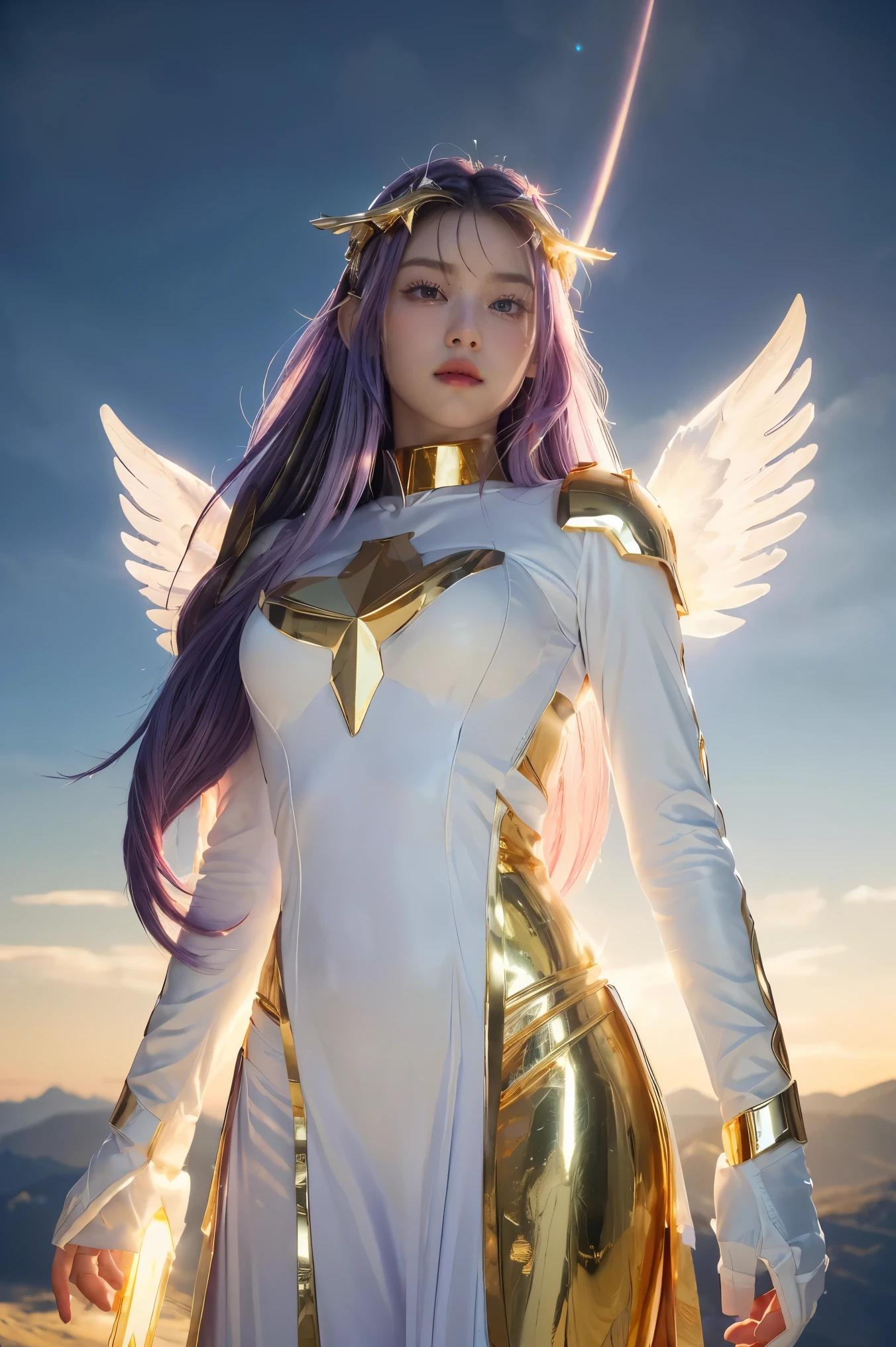 ((masterpiece, best quality, extremely detailed), volumetric lighting, ambient occlusion, colorful, glowing), 
1girl, solo, young girl, (purple hair), long hair, halo, aura, sacred, goddess, cleric suit, (white outfit with gold detailst:1.3), angel wings,
outdoors, sunset, sky, clouds, space, (fantasy theme:1.2),