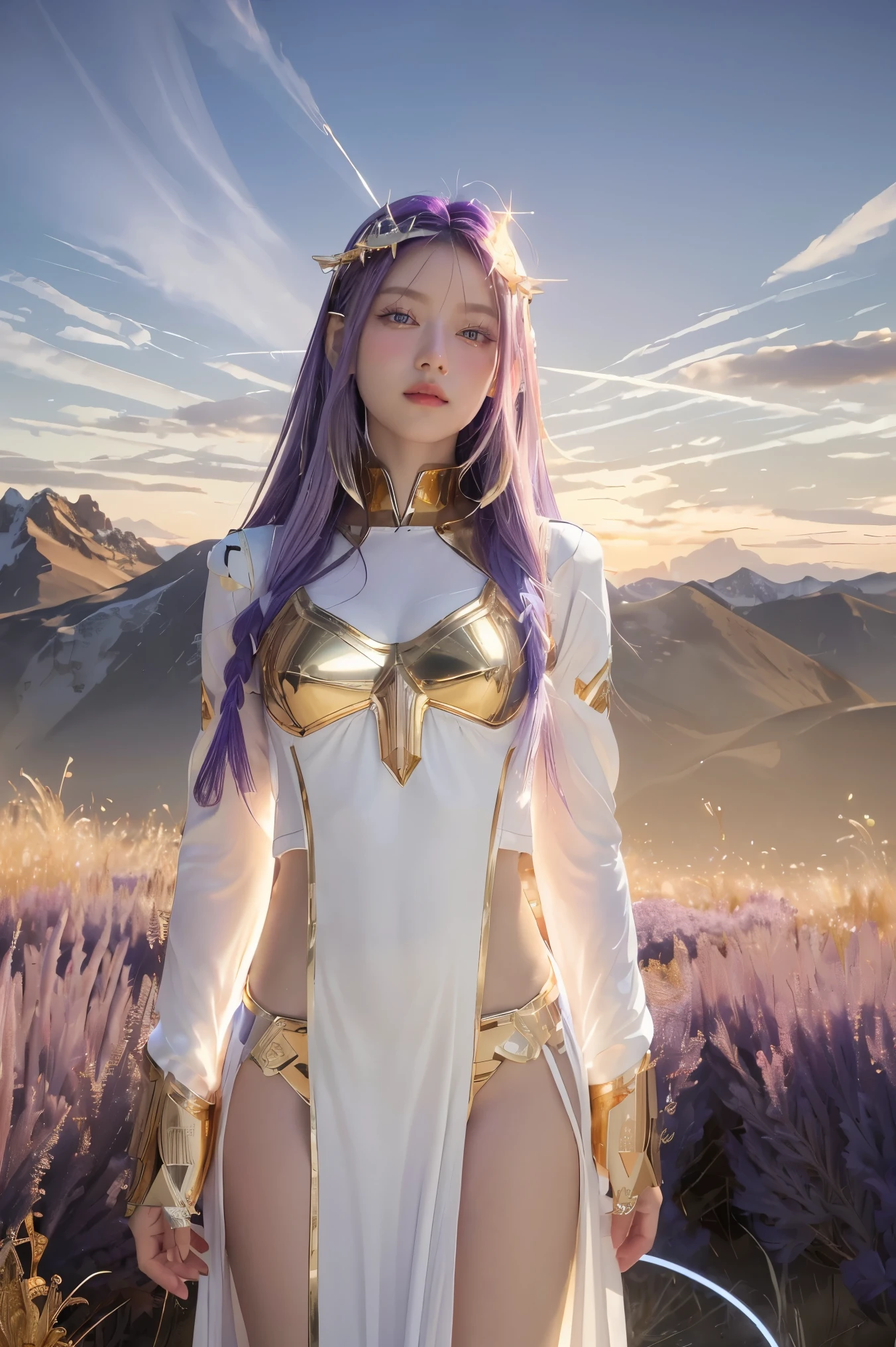 ((masterpiece, best quality, extremely detailed), volumetric lighting, ambient occlusion, colorful, glowing), 
1girl, solo, young girl, (purple hair), long hair, halo, aura, sacred, goddess, cleric suit, (white outfit with gold detailst:1.3), angel wings,
outdoors, sunset, sky, clouds, space, (fantasy theme:1.2),