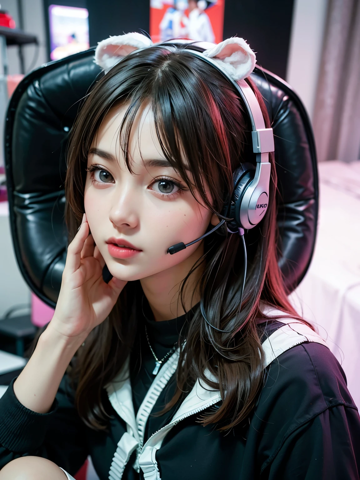 (8K, RAW photos:1.2)detailed face and eyes,best quality, Ultra A high resolution, very detailed ,intricate details、In my room, wear headset gaming, game outfit, sit on gaming chair