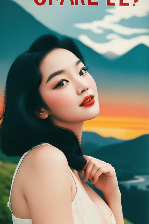 Seoul, 1952, A young korean beautiful girl, 22-year-old, sexy girl, strikingly beautiful, black hair, big breasts, delicate facial features, porcelain skin, expressive eyes, Vintage travel poster style,  A professional visual FX shot featuring,   Darkening Skies - Sudden Atmospheric, Slightly Twisted Torso, Hands Behind Back , Retro, hand-drawn, destination advertisement, vintage typography, bright vivid colors, stylized landscape