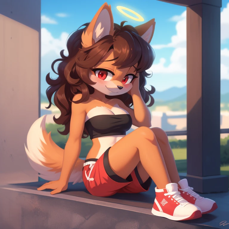 mobian, hedgehog, two-tone fur ((orange fur, brown fur)), pyjama elastic shorts, strapless crop top, cleavage, high-top sneakers, two-tone hair (brown hair, black tip)), curly hair, halo, sunglasses, jewelry, red eyes, longeyelashes, red eyes, smile, shy, blush, high detail, masterpiece, UHD, anatomically correct, super detail, highres, 4K