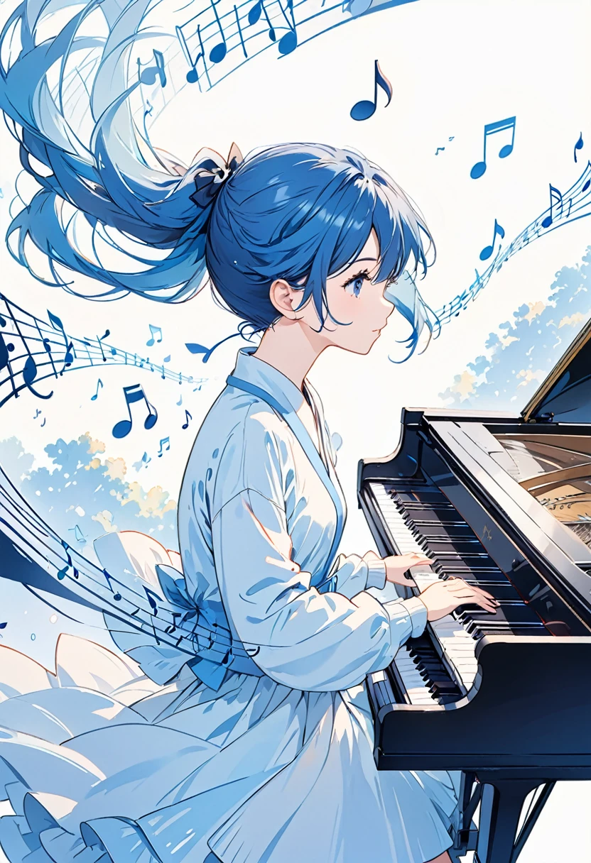 Stilvolles Mädchen mit blauen Haaren　Klavier spielen　Illustrationsstil　8k 4k　Profil　weit weg　Schwimmender Musiknoten-Hintergrund