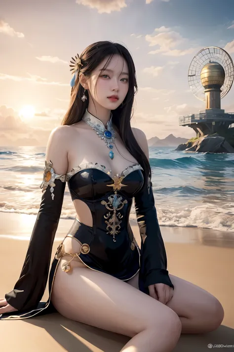 there is a woman sitting on the beach with a clock, queen of the sea mu yanling, beautiful digital artwork, 4k highly detailed d...