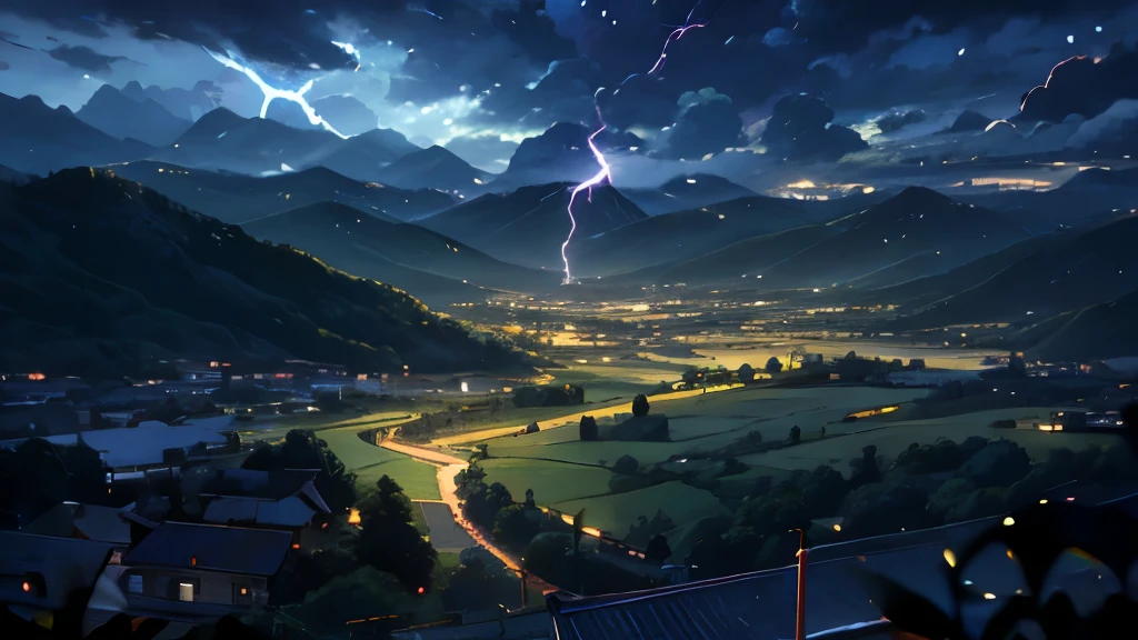 Anime Style，evening，There is lightning、Heavy rain falling，Mountain々，Surrounded by gloomy clouds，Green fields and forests，Beautiful sky，Beautiful views