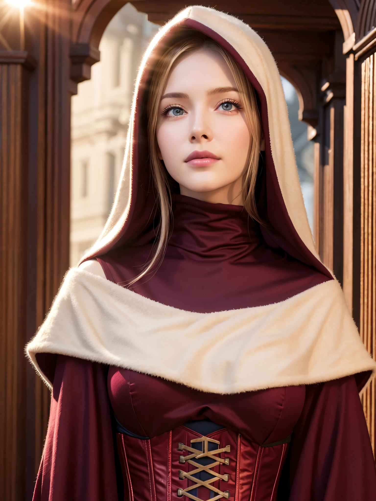 1 girl, wearing huge maroon hood up, (photo realistic:1.4), (hyper realistic:1.4), (realistic:1.3), (smoother lighting:1.05), (increase cinematic lighting quality:0.9), 32K, 1girl,20yo girl, realistic lighting, backlighting, light on face, ray trace, girl wearing a maroon off shoulder robe, wolf blonde hair with blue eyes, black corset, trimmed leg wear, huge maroon hood up, gorgeous face, high resolution, detailed face, not smiling, long hall library background, hair covering half of the face (brightening light:1.2), (Increase quality:1.4), (best quality real texture skin), finely detailed eyes, finely detailed face, (tired and sleepy and satisfied:0.0), face closeup, t-shirts, (Increase body line mood:1.1), shiny skin