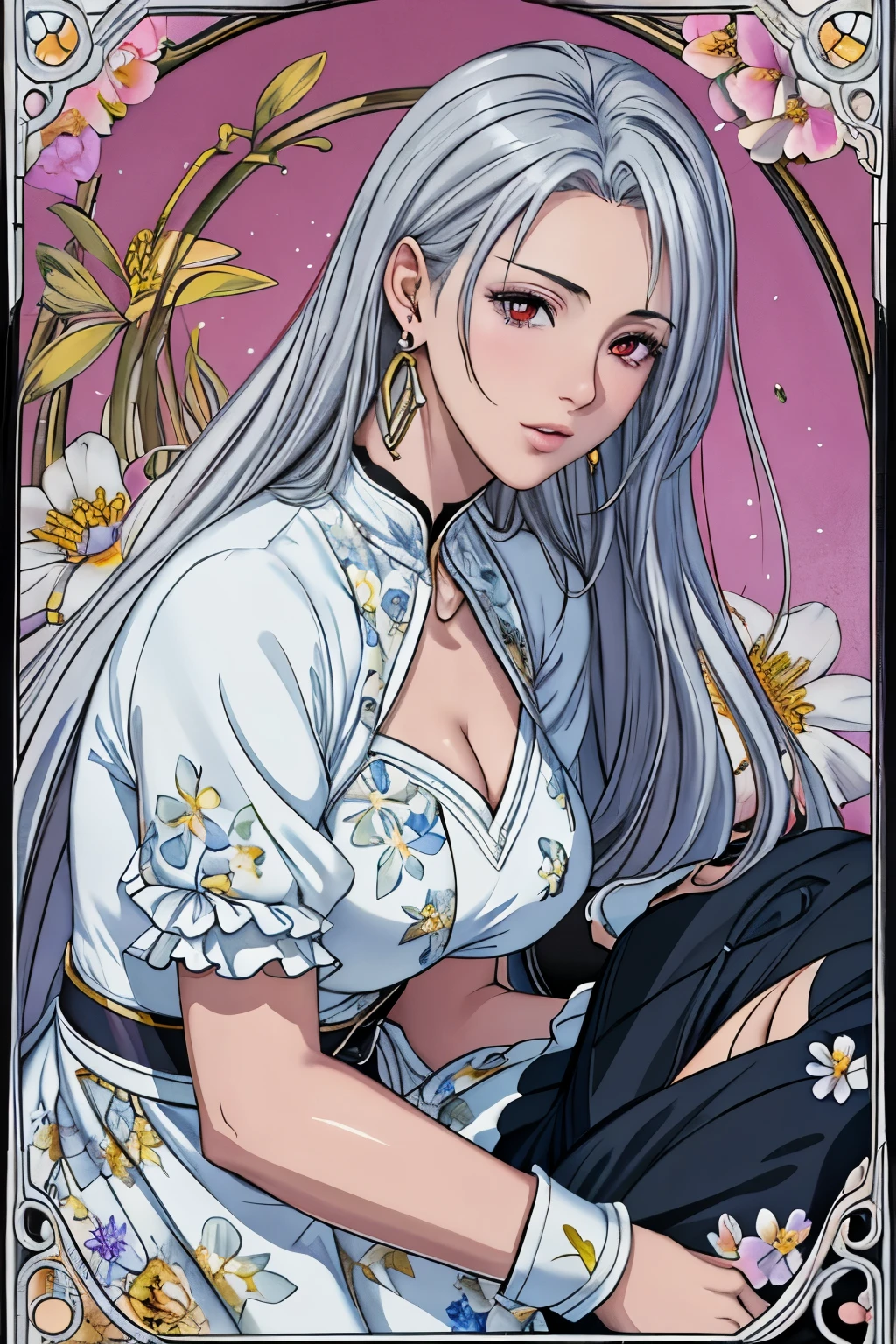 (​masterpiece, top-quality, top-quality, Official art, Beautifully Aesthetic:1.2), red eyes, (highest quality, masterpiece painting:1.3), immature woman, 16 years old, (half body shot), masterpiece, ultra high resolution, (((Flower frame, A lot of flowers in the frame, round frame, A beautiful girl fits into the frame))), Decorative panel, abstract art, (shot from a side angle), (Photoreal:1.0), ((light silver hair)),straight hair, beautiful shining hair, white and shining skin, Painterly, sketch, Texture, 超A high resolution, solo, Beautuful Women, A highly detailed, (Fractal Art:1.1), (colourfull:1.1), (florals:1.6), The most detailed, (Zentangle:1.2), (Dynamic Poses), (Abstract background:1.3), (shinny skin), (Many colors:0.8), (earrings:1.4), (pluma:0.9), Taisho romance