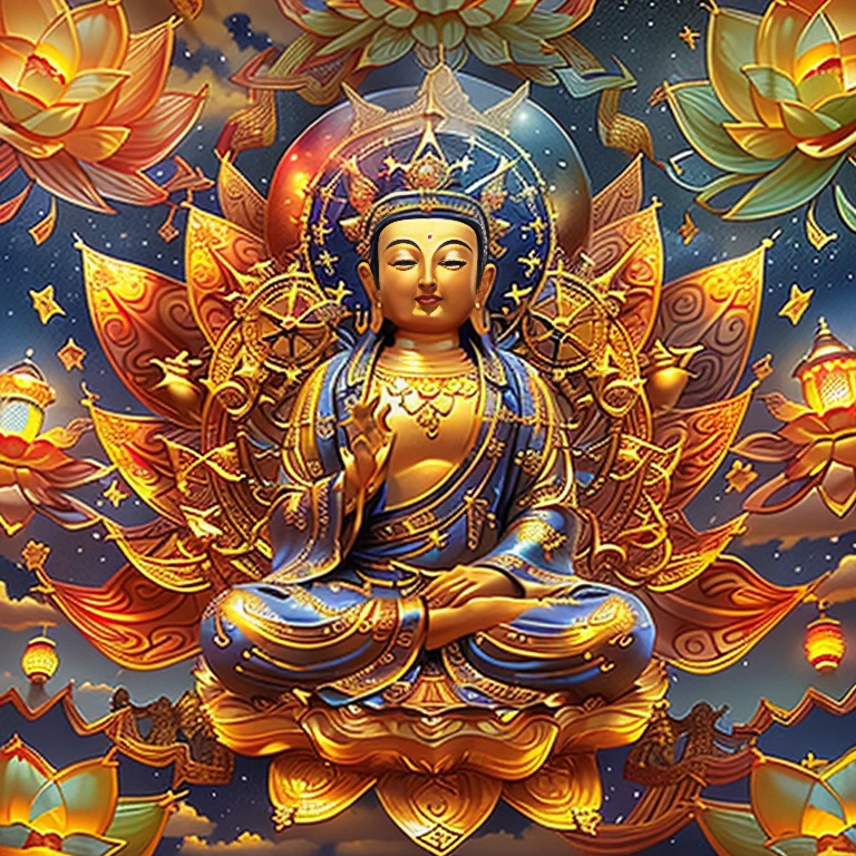 edd, Maitreya Bodhisattva,Maitreya, A huge golden Buddha statue sits in a room with blue ceiling and blue sky background with clouds, above_Clouds, Airship, aurora, bridge, Building, Castle, chimneys, City, City_lamp lights, Cityscape, clock, clock_Tower, Cloud, Cloudy_sky, constellation, Crescent_Moon, Desert, earth_\(planetes\), Fireworks, Floating_Island, fountain, milky ways, Glowing, house, Island, lamp post, lantern, Light_Particle, Milky_way, Moon, Mountain, Night, Night_sky, No_Humanity, planetes, scenery, Shooting_Star, sky, skylines, skyscraper, Snow, nevando, space, Star_\(sky\), Star_\(symbol\), Starry_sky, Starry_sky_print, Telescope, Tower, Town, Twilight, ships