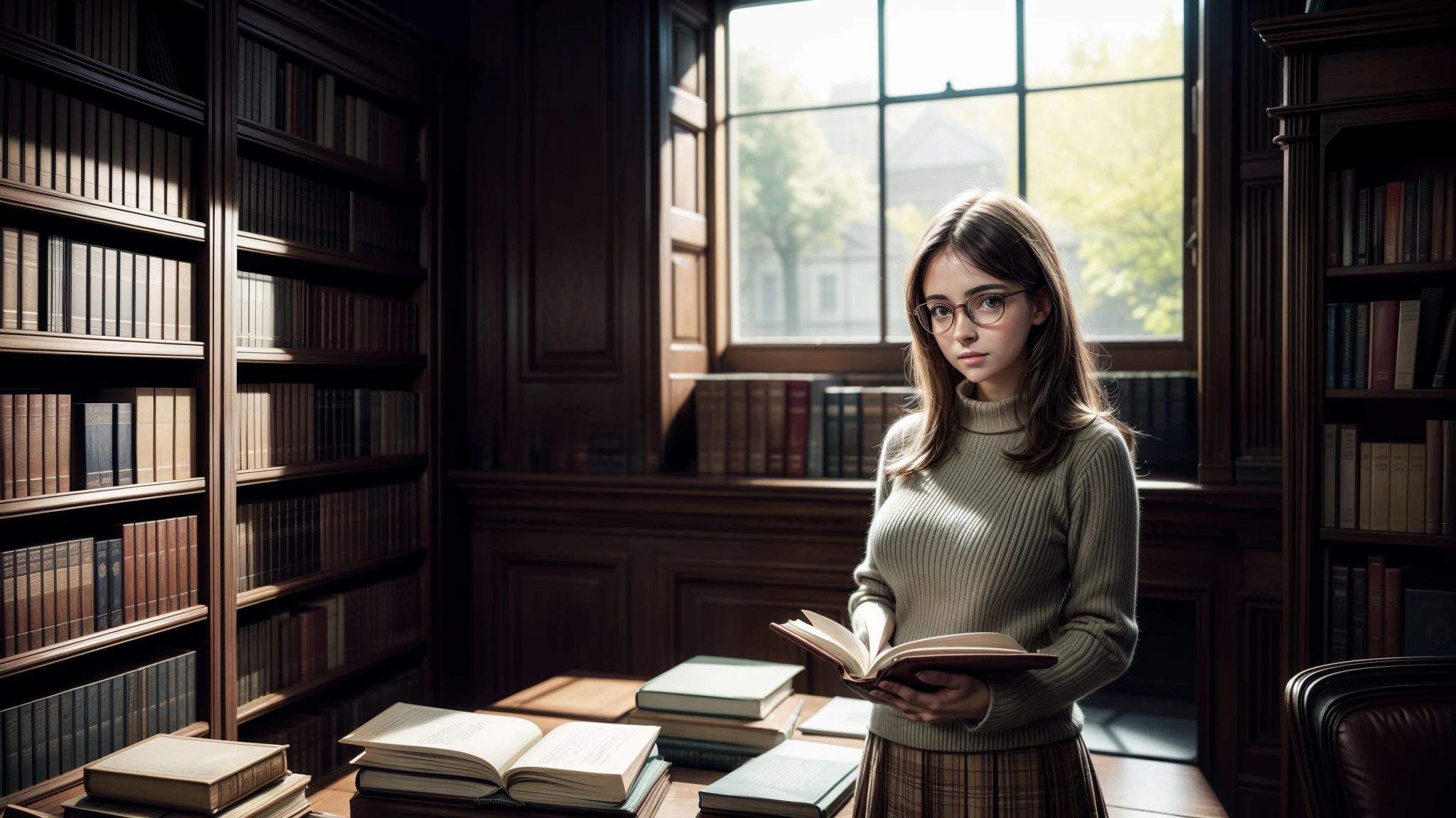 A reaslistic illustration 컨셉 아트 of a standing european college girl student of around 2 wearing big glasses, 책을 쌓아두다, 그리고 도서관에 흩어져 있는 책들, 따뜻한 배경과 큰 창문, 현실적인 그림, 컨셉 아트, 걸작.