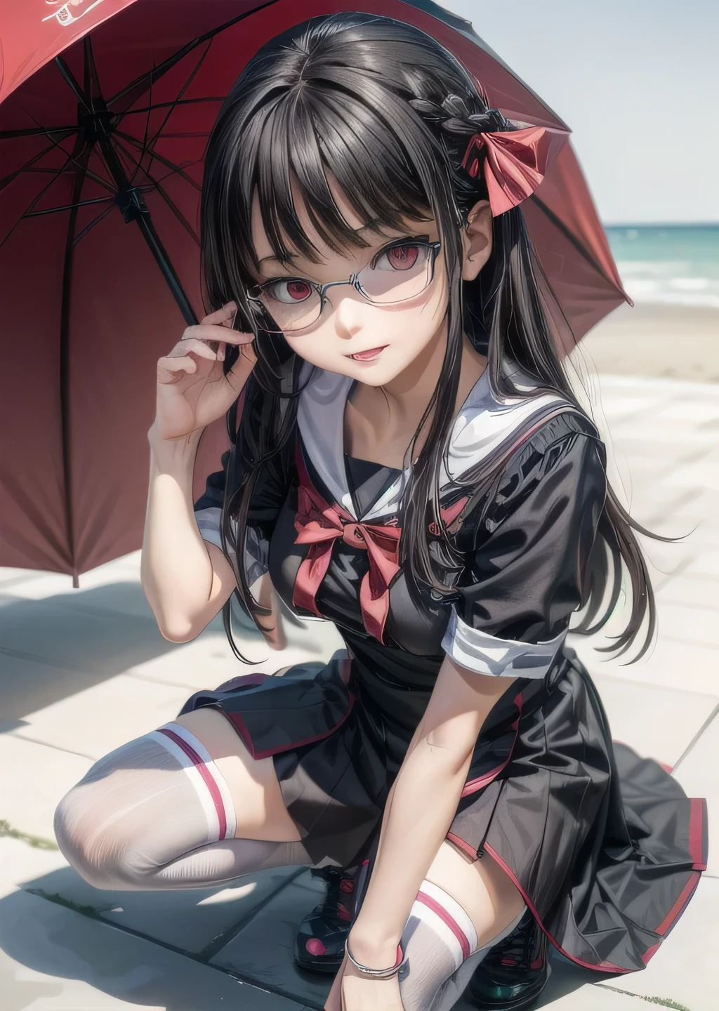  (highest quality:1.4), (High resolution:1.2), Sharp contours, Long Hair, highest quality, masterpiece,Glasses,Voice of the Heart,yandere,Full Body Shot,20-year-old woman,yandere,Big Breasts,Ecstasy,saliva,blush,Squint your eyes,Heterochromia iridis,Tuck up your clothes,zettai ryouiki