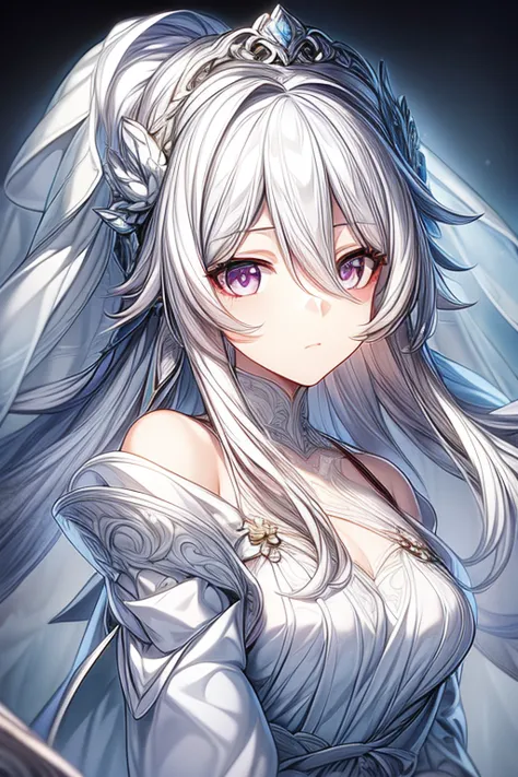 (masterpiece, best quality, perfect face, expressive eyes), 1girl, (anime), (adult), long white hair, silver eyes, white dress, ...