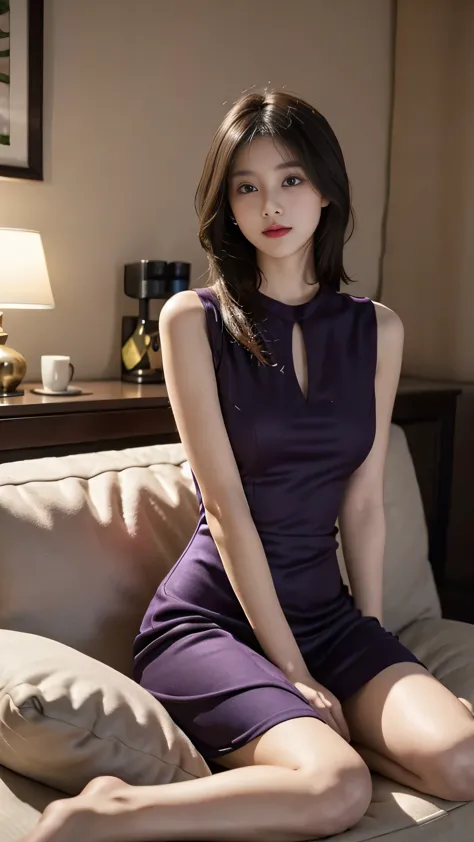 1girl in,sitting on a cozy sofa,cross one's legs,soft light,chinese beauty, dark purple dress,a dark-haired,length hair