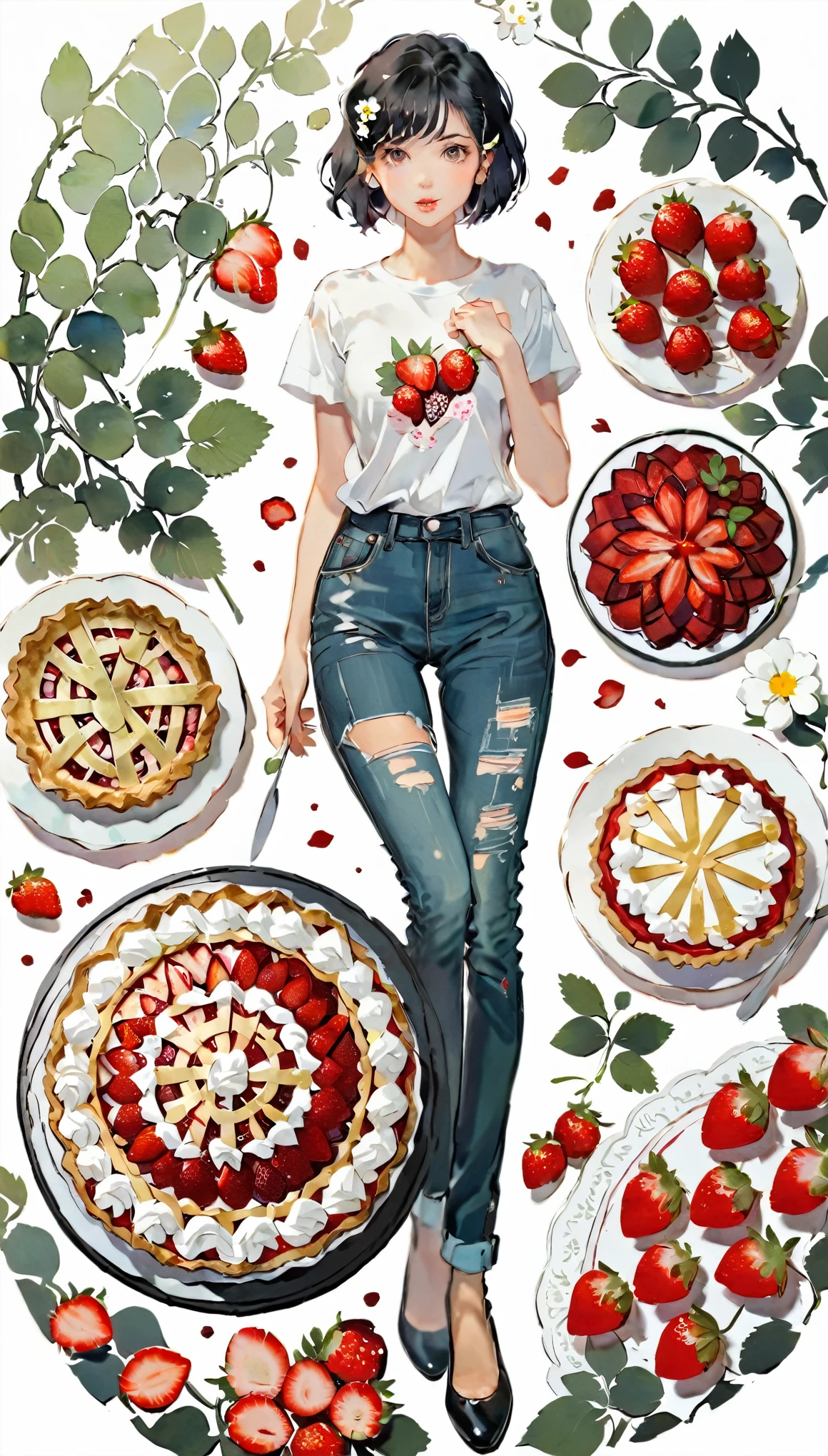 (((paper cutting style))), 1 girl, black hair, short hair, portfolio, shirts, denim, strawberry pie