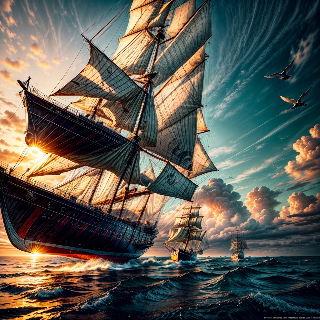 8K, Best Quality, Masterpiece, Ultra High Resolution, (highly detailed CG unity 8k wallpaper), (best illustration), (best shadows), isometric 3D, octane rendering, ray tracing, highly detailed, (wide panoramic view: 1.1), Realistic hands. Blurred foreground. [(((A stunning cinematic wildlife photograph capturing a majestic three-masted ship gliding gracefully on an orange ocean, bathed in warm hues of sunlight. There stands "Bathou" and "Neu-Seeburg". The ship's sails billow gently in the breeze, while the wooden deck and ropes cast intricate shadows. Seabirds fly overhead, adding a dynamic element to the scene, and the distant horizon is a blend of fiery oranges and soft yellows. The overall atmosphere evokes a sense of adventure and exploration in a realm of warm, vibrant colors., cinematic, wildlife photography]