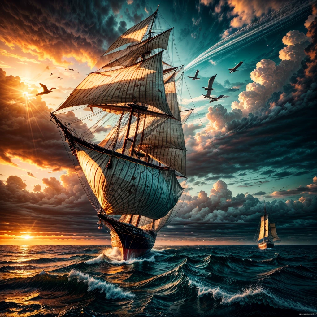 8K, Best Quality, Masterpiece, Ultra High Resolution, (highly detailed CG unity 8k wallpaper), (best illustration), (best shadows), isometric 3D, octane rendering, ray tracing, highly detailed, (wide panoramic view: 1.1), Realistic hands. Blurred foreground. [(((A stunning cinematic wildlife photograph capturing a majestic three-masted ship gliding gracefully on an orange ocean, bathed in warm hues of sunlight. There stands "Bathou" and "Neu-Seeburg". The ship's sails billow gently in the breeze, while the wooden deck and ropes cast intricate shadows. Seabirds fly overhead, adding a dynamic element to the scene, and the distant horizon is a blend of fiery oranges and soft yellows. The overall atmosphere evokes a sense of adventure and exploration in a realm of warm, vibrant colors., cinematic, wildlife photography]