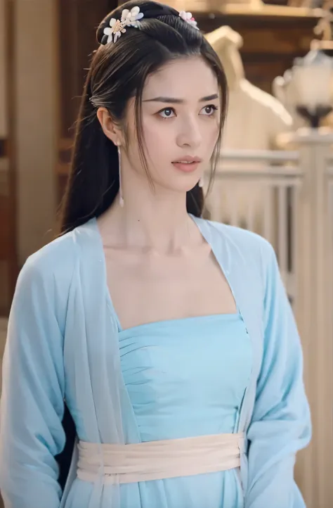 A beautiful woman，alone，Full breasts，Wearing a light blue silk dress