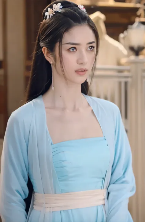 a beautiful woman，alone，full breasts，wearing a light blue silk dress