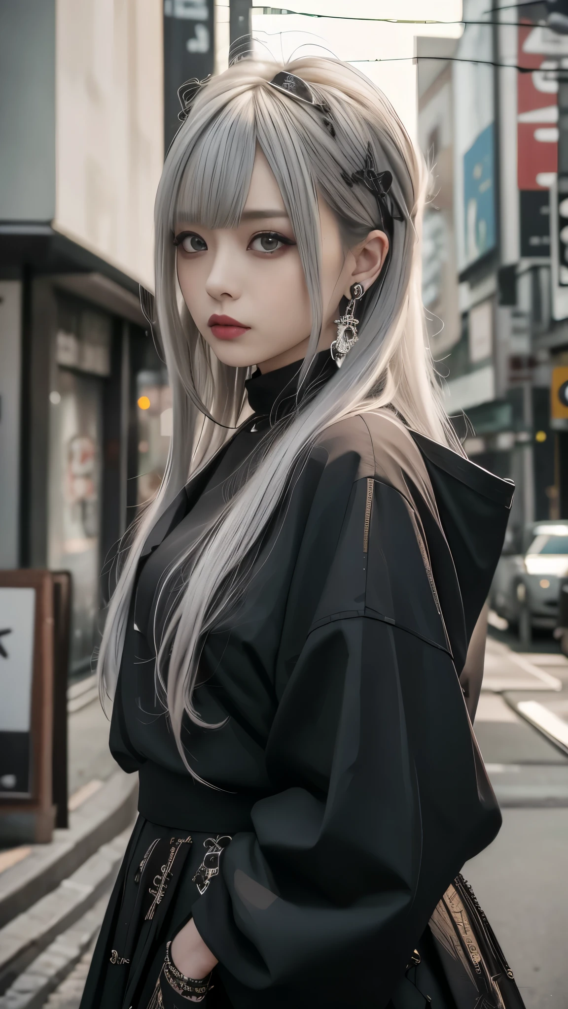 highest quality, masterpiece,Gray Hair, Silver Hair、Golden Eyes,gothic punk costume、look up, Upper Body,Hair bundle,Fair skin,(Realism:1.5、Realistic、Photorealistic)、black、Earrings、amount、Gothic Skirt、Goth_punk, One Woman、独奏, ((Midnight、Neon Town)), Look at the viewers, Cute face、Portraiture, Side Lock、masterpiece、highest quality、Highest quality、Highest Resolution、Super detailed、Ultra-compact、Realistic textured face and body、Smaller breasts:1.3、Small waist、Deep red lipstick、Swollen eyes、Red eyeshadow、Dynamic Pose、Degrees of Freedom:1.8、squat、Leaning forward、
