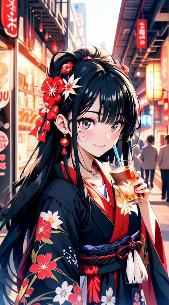 Black hair, bangs, curtained hair, crossed bangs, Long hair, Messy hair, pony tails, Very long hair, Black hair, bangs, curtained hair, crossed bangs, Long hair, Messy hair, pony tails, Very long hair, Big hair, ((Drinking Japan tea)), hair ear, hair tying, hair flaps, widow peak, head gear, Hair ribbon, kanzashi, hairpods, white hair ribbon, Moles under eyes, Raised eyebrows, eyeball, Evil smile, crazy, Shy, scowling, jitome, gloom (expression), Seductive smile, anime big breast, Minimalism, Anime style, anime big breast, Minimalism, Anime style, angle of view, From above, hyper HD, retinas, Masterpiece, ccurate, Textured skin, Super detail, High quality, High details, Award-Awarded, Best quality, A high resolution, 16k, hyper HD, retinas, Masterpiece, ccurate, Textured skin, Super detail, High quality, High details, Award-Awarded, Best quality, A high resolution, 16k((Old-fashioned sailor suit))((Old cityscape background))