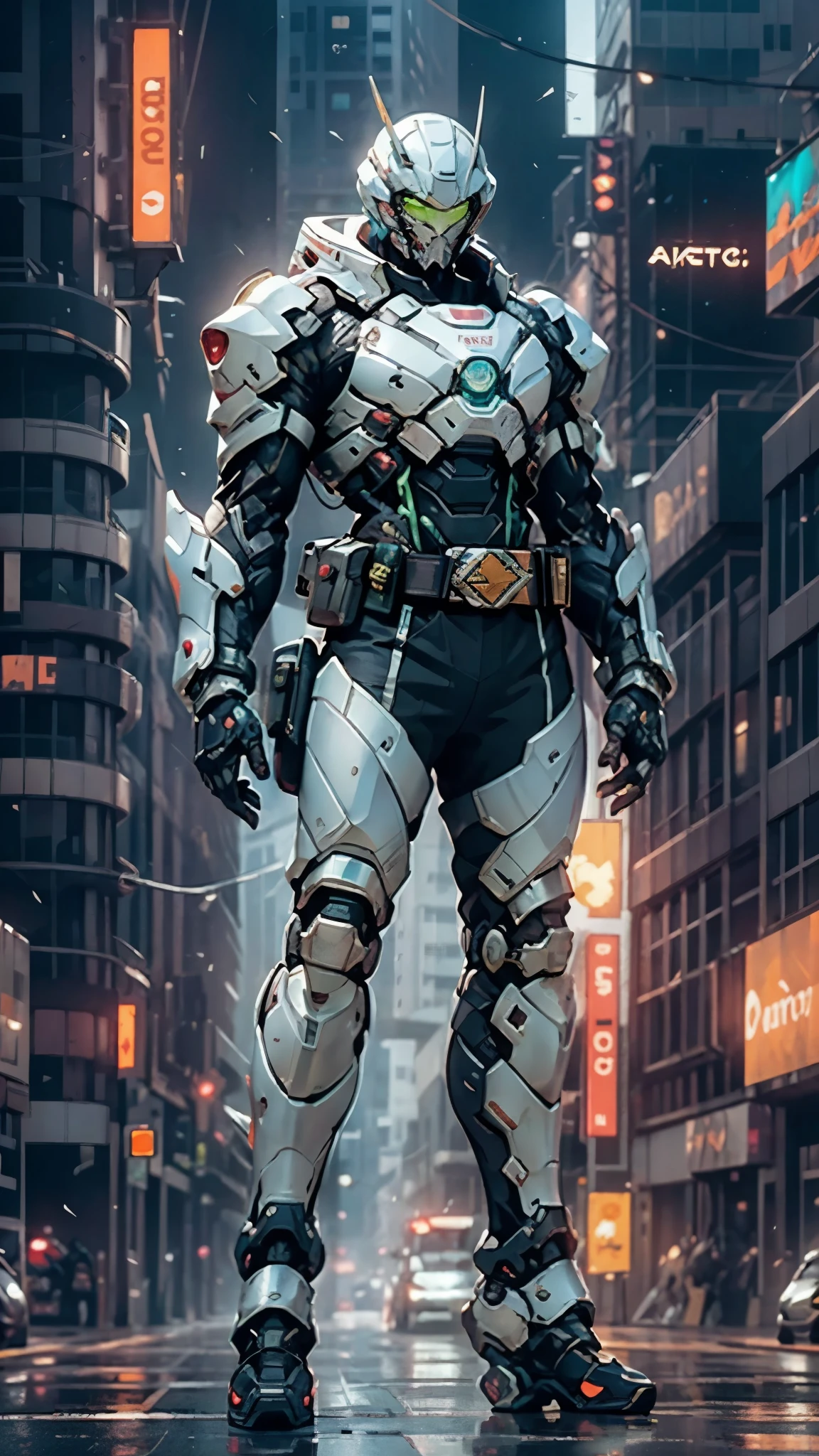 A man wearing a full-face helmet, a fantasy-style biotech armored combat suit, green eyes, (a composite layered chest armor), fully enclosed shoulder guards, matching arm and leg guards, the belt is adorned with exhaust pipes, (the color scheme is primarily black glow with blue and white accents), the design balances heavy with agility, a high-tech bio-mecha armor, (Armor Concept Inspired by Cyberpunk motorcycle, stand on the top of a skyscraper in a futuristic sci-fi city), this character embodies a finely crafted fantasy-surreal style armored hero in anime style, exquisite and mature manga art style, (battle damage, element, plasma, energy, the armor glows), ((male:1.5)), metallic, real texture material, dramatic, high definition, best quality, highres, ultra-detailed, ultra-fine painting, extremely delicate, professional, perfect body proportions, golden ratio, anatomically correct, symmetrical face, extremely detailed eyes and face, high quality eyes, creativity, RAW photo, UHD, 32k, Natural light, cinematic lighting, masterpiece-anatomy-perfect, masterpiece:1.5