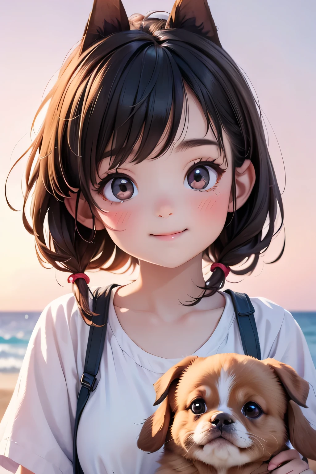 highest quality、High resolution、Detailed Background、(Detailed eyes:1.2)、Teenage beauty、(Highly detailed face:1.4)、(Huge breasts:1.1)、Cute hair color、Cute hairstyle、
At dusk、A young girl is seen taking a walk with her dog, who plays on the beach.。Looking up at the red sky、The sight of her happily running around with her dog、It truly represents the comfort of summer.。
These、A girl enjoying summer in nature、Innocent and adorable、It makes me feel the coming of summer.。An innocent smile、Full of concentration、Relaxed Rest、And fun times with dogs。Truly a summer experience、A lovely view unfolds。