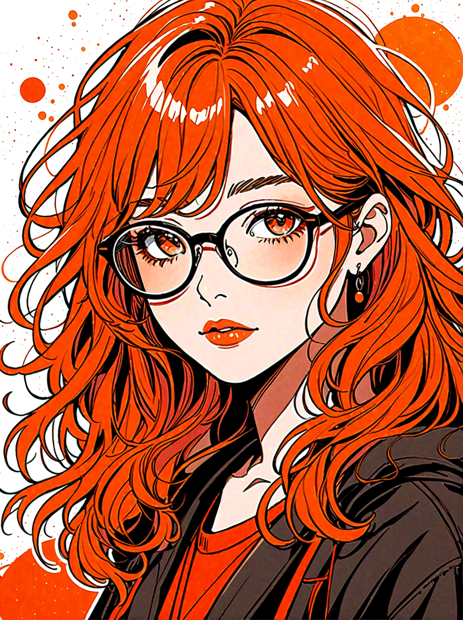 (Meisterwerk, beste Qualität:1.2), Cartoon von Hand gezeichnet, 1 Mädchen, Allein, Eine Brille tragen, Rouge, Zerzaustes Haar, Die Farbpalette ist in Rot, Orange- und Schwarztöne und hat einen skizzenhaften Stil. Der Hintergrund sollte ein einfaches handgezeichnetes Doodle-Muster haben, 1shxx1