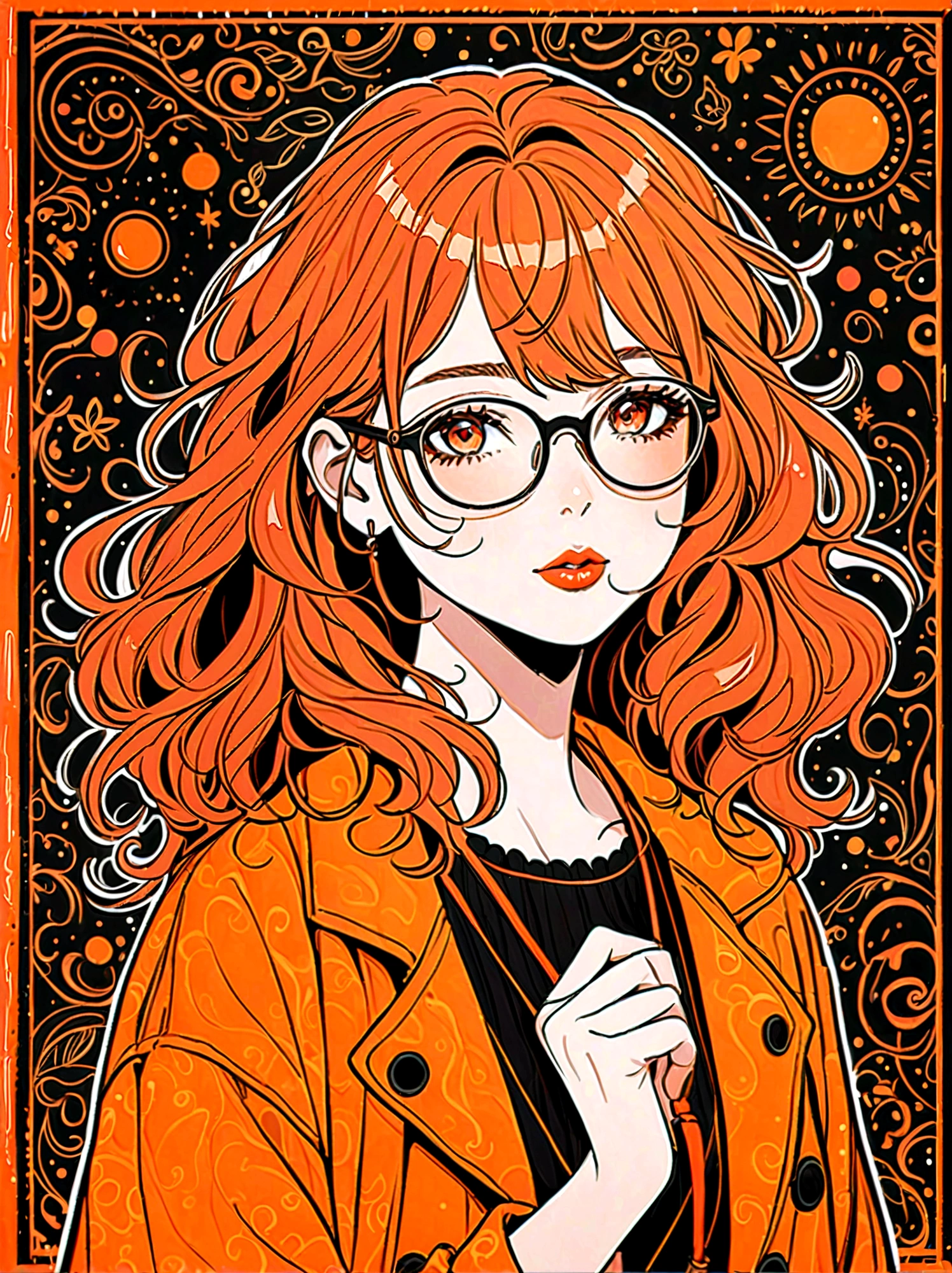 (masterpiece, best quality:1.2), Cartoon hand drawn, 1girl, solo, wear glasses, Rouge, messy hair, The color palette is in red, orange and black tones and has a sketchy style. The background should have a simple hand-drawn doodle pattern, 1shxx1