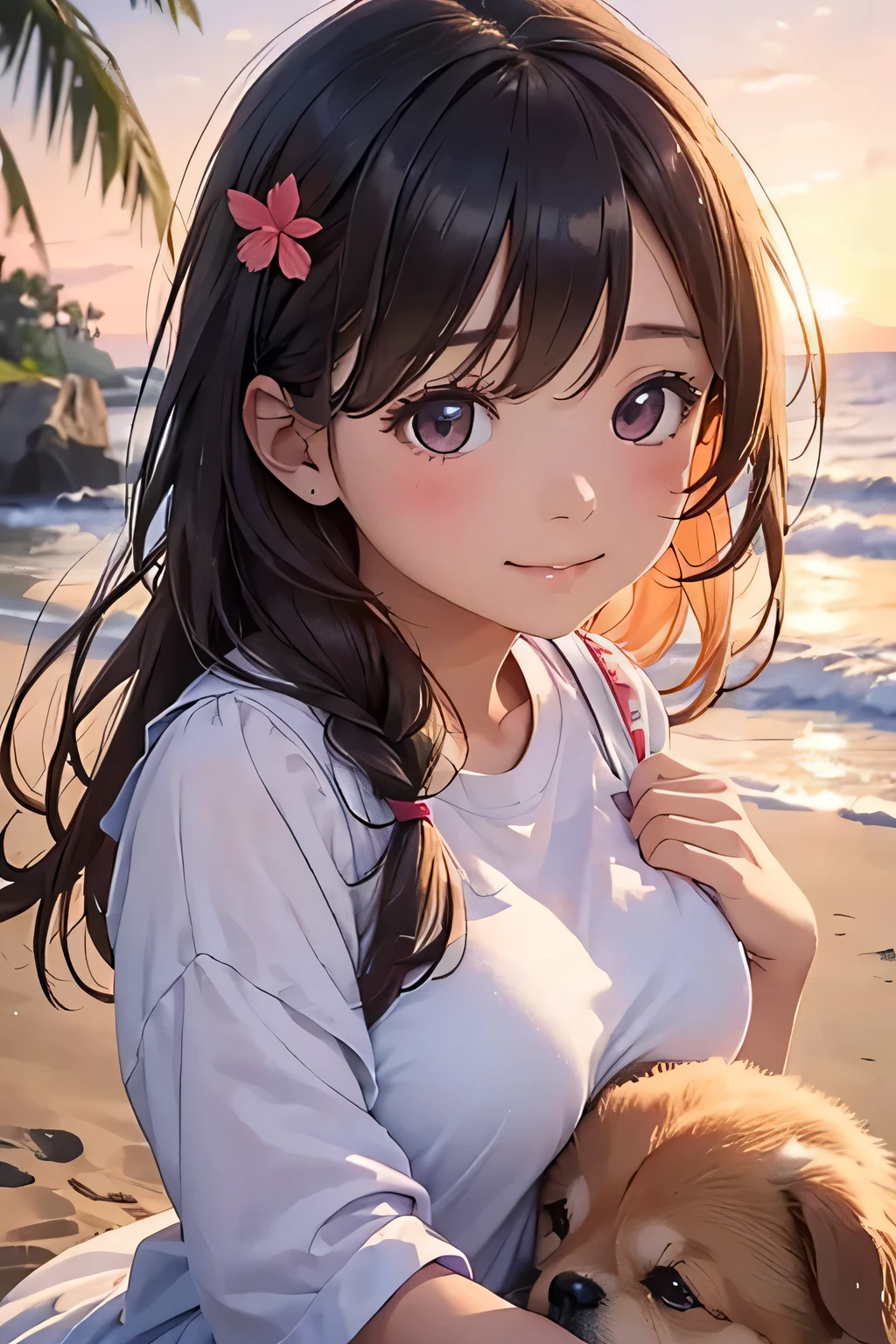 highest quality、High resolution、Detailed Background、(Detailed eyes:1.2)、Teenage beauty、(Highly detailed face:1.4)、(Huge breasts:1.1)、Cute hair color、Cute hairstyle、
At dusk、A young girl is seen taking a walk with her dog, who plays on the beach.。Looking up at the red sky、The sight of her happily running around with her dog、It truly represents the comfort of summer.。
These、A girl enjoying summer in nature、Innocent and adorable、It makes me feel the coming of summer.。An innocent smile、Full of concentration、Relaxed Rest、And fun times with dogs。Truly a summer experience、A lovely view unfolds。