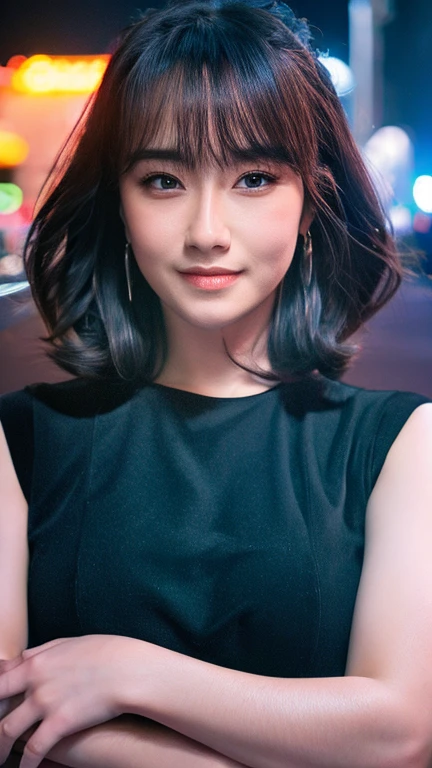 masterpiece, best quality, super high resolution, highest quality, photography, realistic, super realistic, photorealistic, cinematic lighting, A young adult woman wearing a black dress and looking kindly against the night, portrait, outdoor, milkyway, starry night, midnight