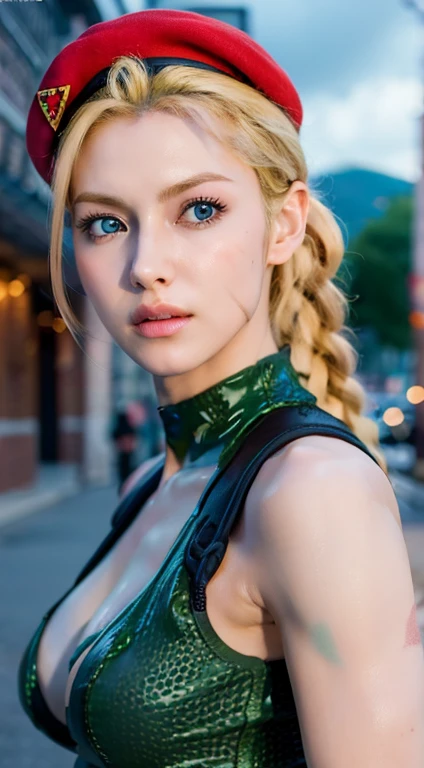 (((pose de combat))),(Réaliste,photographier), blond, peau pâle, Une femme de 20 ans avec de beaux traits et des traits fins., Cammy la combattante de rue, seins de taille moyenne, cosplayer, Déguisement Cammy, blond hair, Ses yeux bleus brillent de profondeur, tout le corps, Justaucorps très décolleté Vert ou camo, béret rouge, long blond braids, Exposer les épaules, combat rouge ,Aisselles,Transpirery Aisselles,Mettez vos bras derrière votre tête,awesome Aisselless,Transpirer,Transpirery,épuisé,fatigue、nu