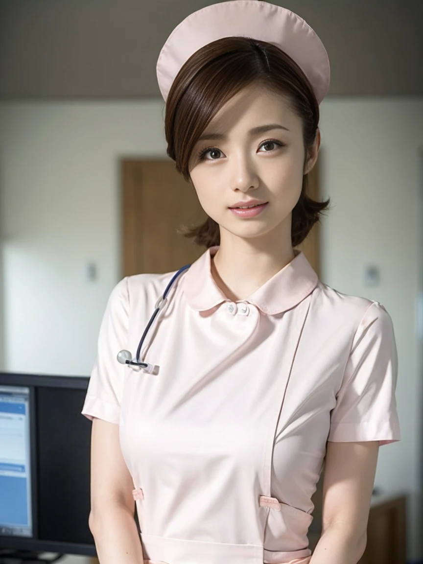 1 girl,(Wearing white nurse clothes:1.2),(RAW Photos, highest quality), (Realistic, photo-Realistic:1.4), masterpiece, Very delicate and beautiful, Very detailed, 2k wallpaper, wonderful, finely, Very detailed CG unity 8k wallpaper, Very detailed, High resolution, Soft Light, Beautiful detailed girl, Very detailed eyes and face, Beautiful and detailed nose, finely beautiful eyes, nurse, Perfect Anatomy, Black Hair, Upstyle, nurse uniform, ((nurse cap)), Long skirt, nurse, White costume, thin, hospital, clear, White Uniform, hospital room, Neck auscultation,(uetoaya)、light makeup