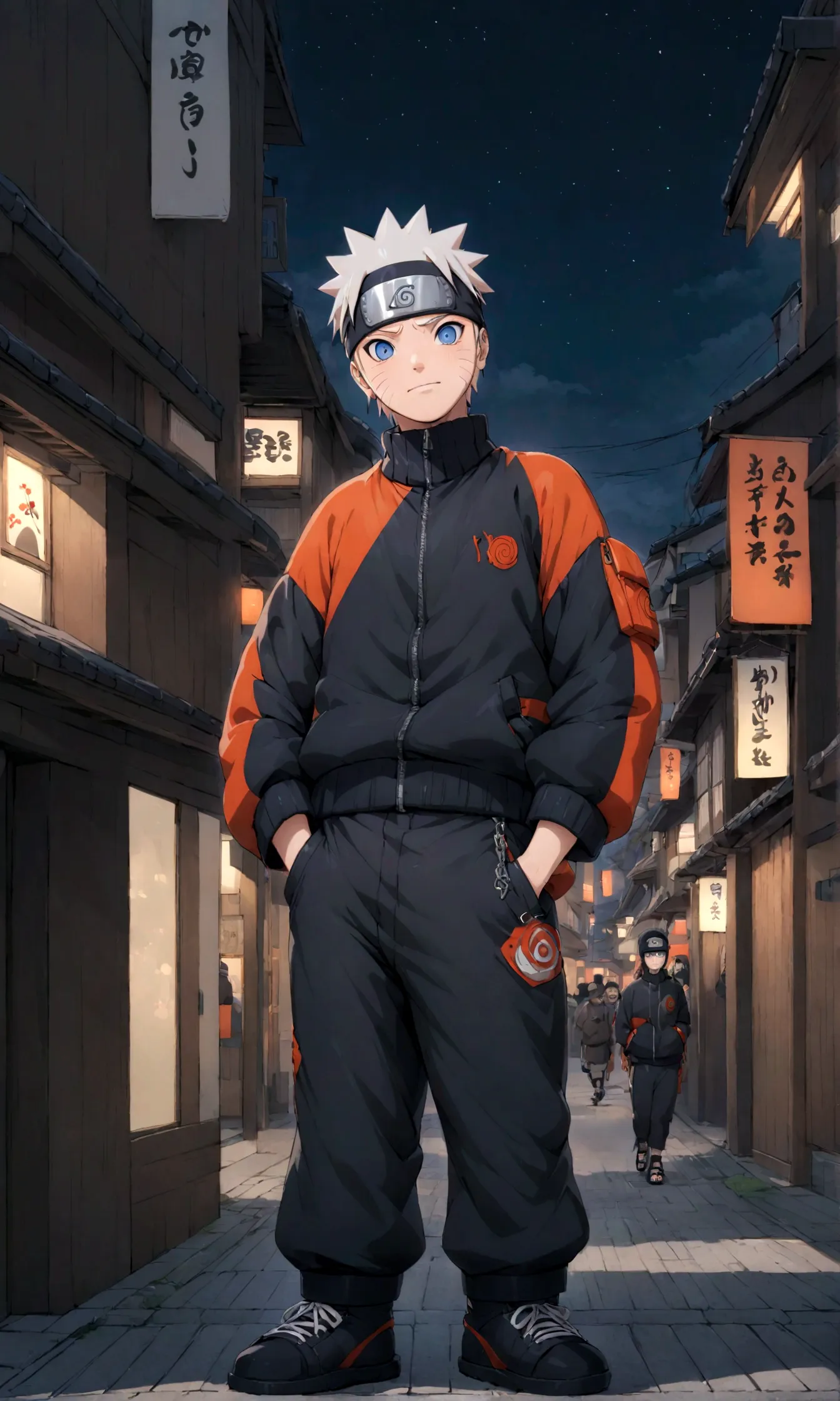 Naruto in streetwear clothes, japanese modern town, night
