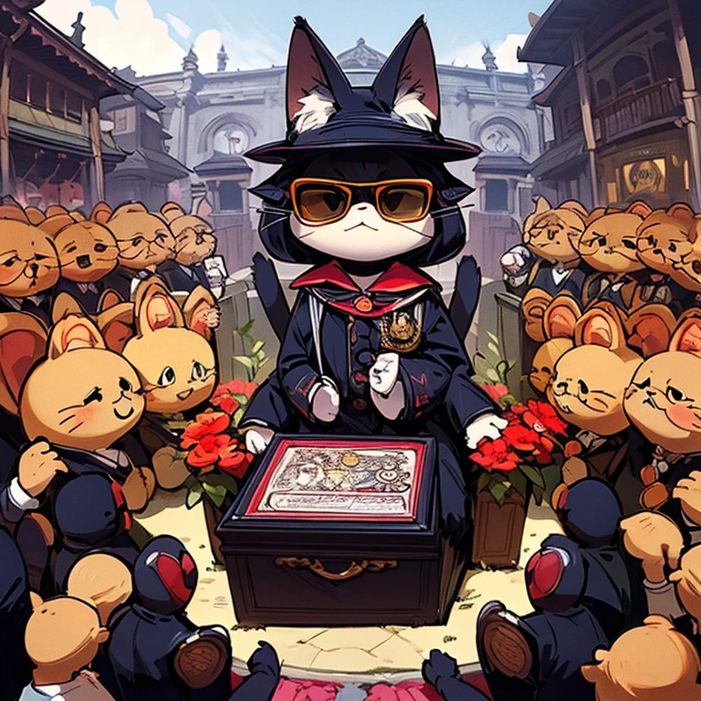 Intriguing comic, six anthropomorphic cats wearing sunglasses and black suits, elegantly dressed, carry a coffin on their shoulders, led by a cat as a master of ceremony, also elegant, ahead of a jazz band in procession the street, comedy anime, masterpiece, dynamic view, complete body, HD8k,