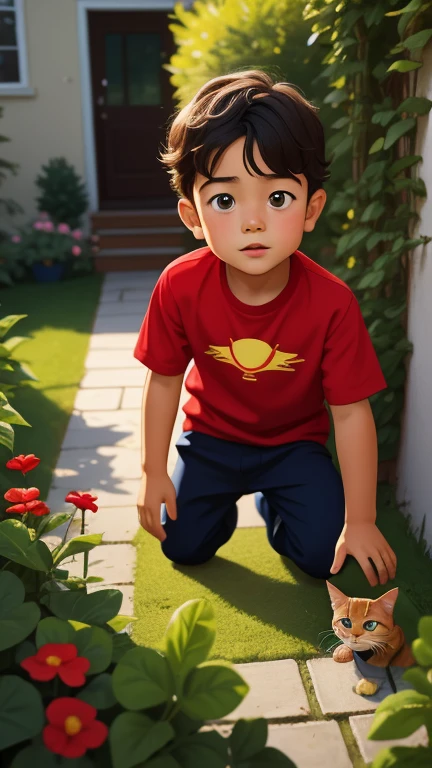 Realistic portrait of a seven-year-old boy, He wears a red shirt . His face is childish and exploratory . He goes out cautiously into the garden of the house,  A small cat is among the bushes and he touches it cautiously ,Not facing the camera,, Hair is untidy , 