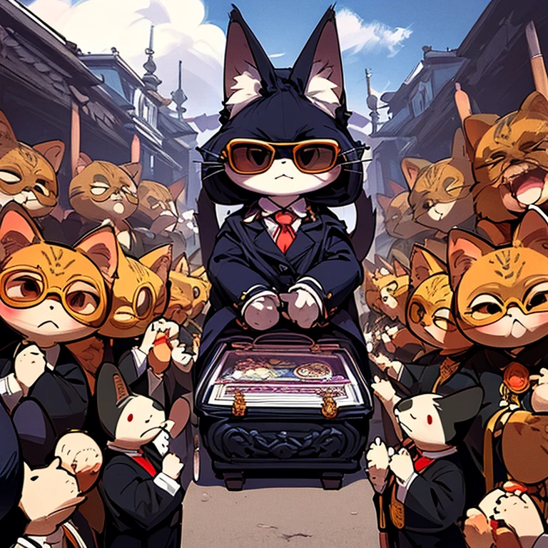 Intriguing meme comedy, six anthropomorphic cats wearing sunglasses and black suits, elegantly dressed, carry a coffin on their shoulders, led by a cat as a master of ceremony, also elegant, ahead of a jazz band in procession the street, comedy anime, masterpiece, dynamic view, complete body, HD8k,