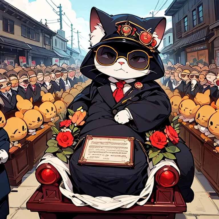 Intriguing meme comedy, an anthropomorphic cat as a master of ceremony being followed for six anthropomorphic cats wearing sunglasses and black suits, elegantly dressed, carry a coffin on their shoulders, ahead of a jazz band in procession at the street, comedy anime, masterpiece, dynamic view, complete body, HD8k,