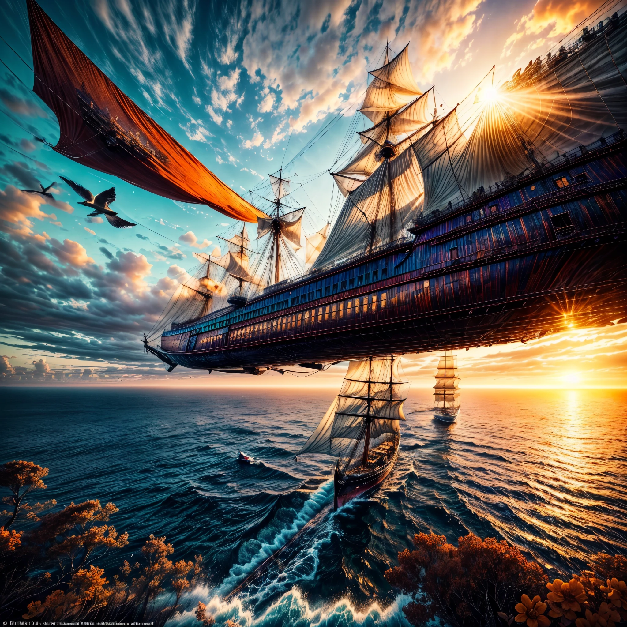 8K, Best Quality, Masterpiece, Ultra High Resolution, (highly detailed CG unity 8k wallpaper), (best illustration), (best shadows), isometric 3D, octane rendering, ray tracing, highly detailed, (wide panoramic view: 1.1), Realistic hands. Blurred foreground. [(((A stunning cinematic wildlife photograph capturing a majestic three-masted ship gliding gracefully on an orange ocean, bathed in warm hues of sunlight. There stands "Bathou" and "Neu-Seeburg". The ship's sails billow gently in the breeze, while the wooden deck and ropes cast intricate shadows. Seabirds fly overhead, adding a dynamic element to the scene, and the distant horizon is a blend of fiery oranges and soft yellows. The overall atmosphere evokes a sense of adventure and exploration in a realm of warm, vibrant colors., cinematic, wildlife photography]