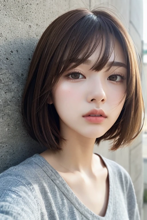 1 girl、Brown Hair、Straight Bangs、Short Hair、Concrete walls and floors、Transcendental Silence、22 years old、Summery fashion、Depth of written boundary、Absurd、Hmph、Ultra-detailed illustrations、Highly detailed face、Raw photo、Film Grain、deviantart Trends