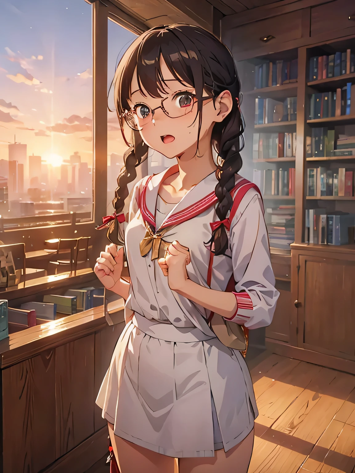 (((chef-d&#39;œuvre))) ((( arrière-plan : thème romantique : étudiant : Dans la bibliothèque : coucher de soleil ))) ((( personnage : Anne: corps sain : Petits seins :  cheveux tressés : otaku : porter des lunettes : blanc  : Sont debout : Bouche ouverte de surprise : transpiration : rougir : Très embarrassant )))