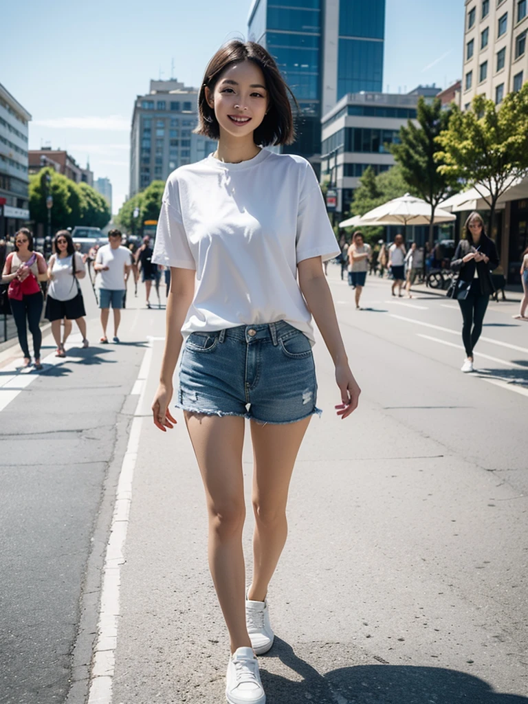 ((Masterpiece)), ((Best quality)), 8K, high detal, Ultra-detailed,On a sunny day in the city center, A beautiful young woman striding down the street，Exudes carefree and radiant energy. Her short hair outlined her face, Highlight her amazing features. She confidently wore a pair of extra-short denim shorts，Show her strengths, lean legs. The shorts fit her curves perfectly, Frayed edges add a touch of playfulness to her look. Wear yours with shorts, She wears loose ones, A flowing white shirt，Every step is ethereal, Create a sense of ease. When the sun shines on her, The golden glow illuminated her brilliant complexion, Highlight her natural beauty. Complete her ensemble, She wears a pair of trendy white sneakers，The perfect blend of comfort and chic. With an energetic smile, She exudes warmth and positivity, It embodies the epitome of a stylish and confident young woman enjoying a sun-drenched cityscape. The bustling city streets create a lively backdrop, Add a vibrant vibe，And complemented her sunny demeanor. She captivated everyone who saw her, Effortlessly embody the essence of a fashionable free-spirited individual.