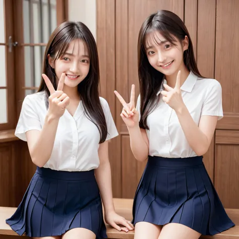 a confident smile, making a peace sign,two students demonstrating a gesture commonly associated with a peace sign while speaking...