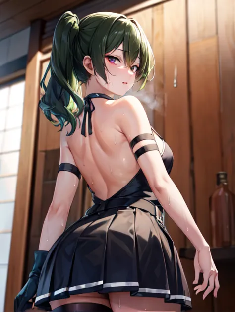 masterpiece, highest quality,(detailed), bruises, long hair, side ponytail,
black dress,normal chest、slender body、 belt, arm str...