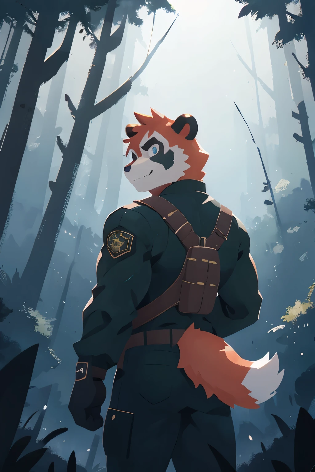 furry, adult, kemono, anthro, red ponda, panda ears, panda tail, brown fur,blue eyes, back, looking back,looking at viewer, Muscular body, muscular back and ass, Wearing an special forces clothing uniform, Standing in the deep night cursed forest,Look at the audience.,glowing night forest, eye catching,