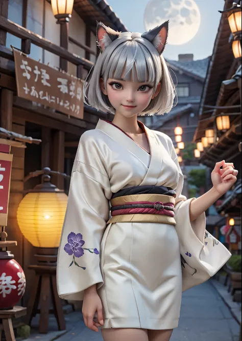 a girl wearing a cat mask、white skin、silver pixie short hair with bangs、close-up photo、smile、look at me、very beautiful kimono、fe...