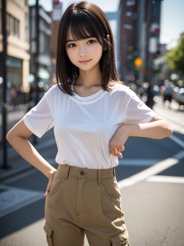 (8k, RAW Photos, highest quality, masterpiece:1.2), (Realistic, photo-Realistic:1.4), (Highly detailed 8k wallpaper), ((Full Body Shot)), (1 girl), Sharp focus, Depth of written boundary, Cinematic lighting, Soft Light, 緻密な美しさのeye, eye_Chan, Very beautiful 17 year old girl, innocent big eyes, Realistic, photo Realistic, Highly detailed cute girl, (Thin thighs), (Model Body Type), 18-year-old, (Casual short sleeve t-shirt), (Khaki cargo long pants), (((Fold your arms in front of your chest and act arrogantly))), ((A happy smile)), Parted lips, Watching the audience, (On the streets of Tokyo) , (Brown Hair),（Long Bob Hair), (Asymmetrical bangs)