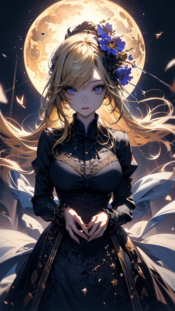 masterpiece, high quality, 4K, Beautiful design, silhouette，blonde， 非常に詳細な夜のStarry Sky,Flower Field， wonderful, Finer details,  Very knowledgeable woman, Highly detailed solo, 1 female,Big Breasts，Gothic Lolita Fashion，Night view，Starry Sky，full moon，