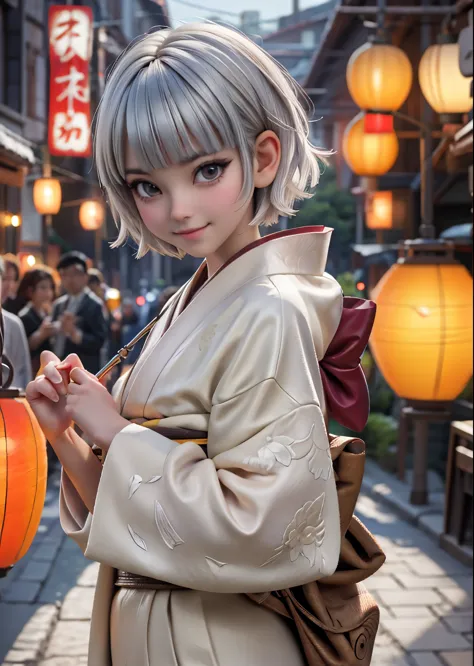 A girl wearing a cat mask、White skin、Silver pixie short hair with bangs、Close-up photo、smile、Look at me、Very beautiful kimono、Fe...