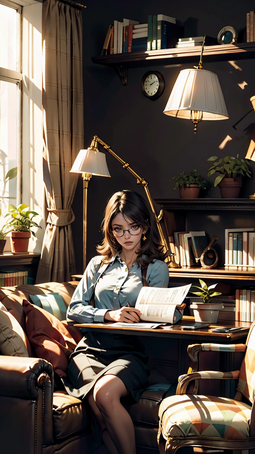 living room, sofa, window, curtain, Spotted sunlight, Potted plants, table, Cupboard,Bookshelf, paper, Desk lamp, Typewriter, Girl sitting on sofa