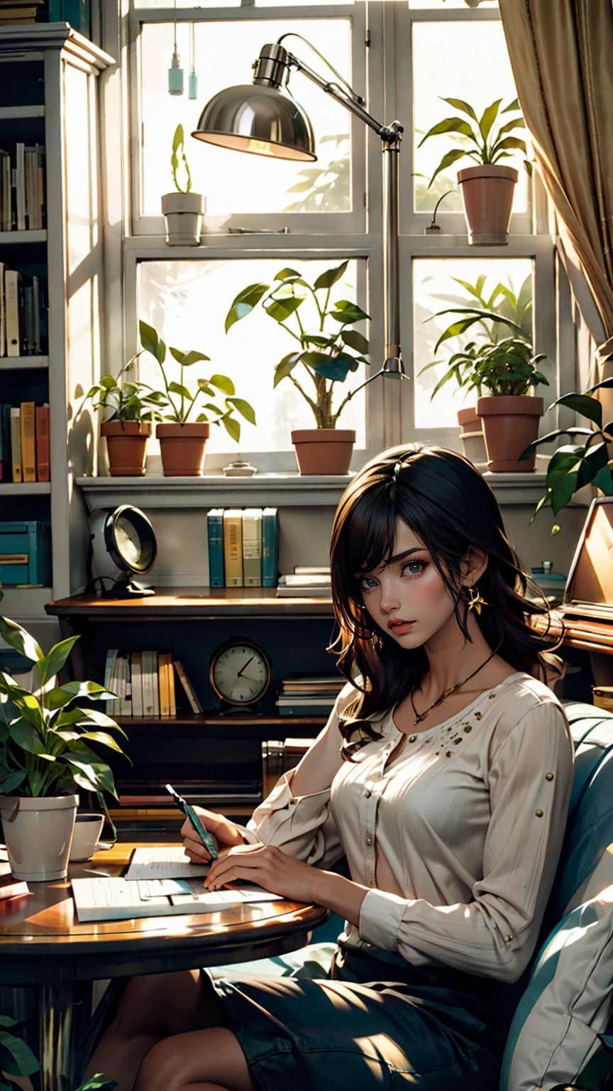 living room, sofa, window, curtain, Spotted sunlight, Potted plants, table, Cupboard,Bookshelf, paper, Desk lamp, Typewriter, Girl sitting on sofa